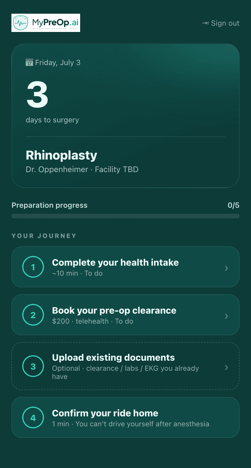 MyPreOp patient portal home screen showing days to surgery and your journey checklist
