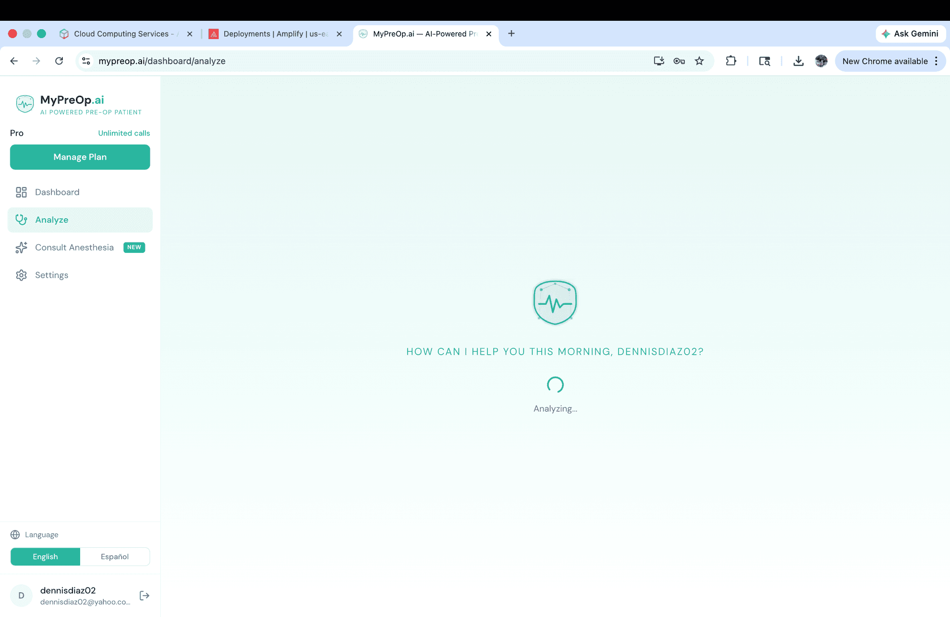 MyPreOp.Ai 'Analyzing' screen showing the AI processing a patient clearance