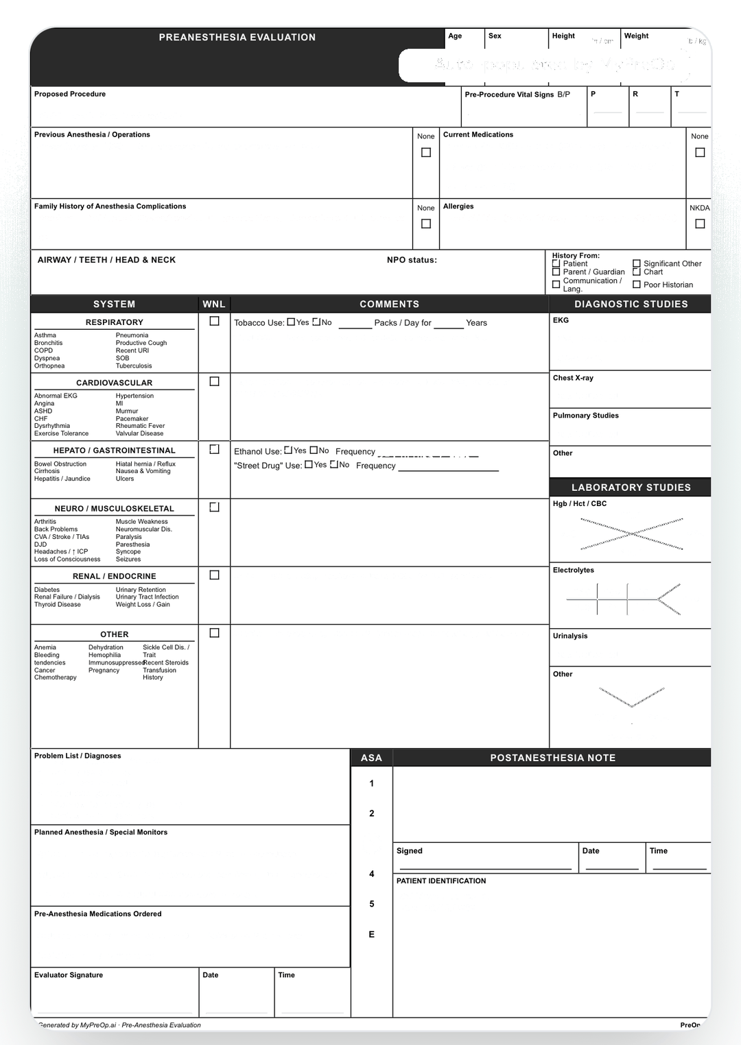 MyPreOp auto-generating a complete pre-anesthesia evaluation from a finished clearance in about 60 seconds